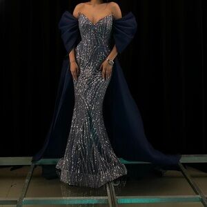 Elegant Navy Blue Sequin Evening Gown